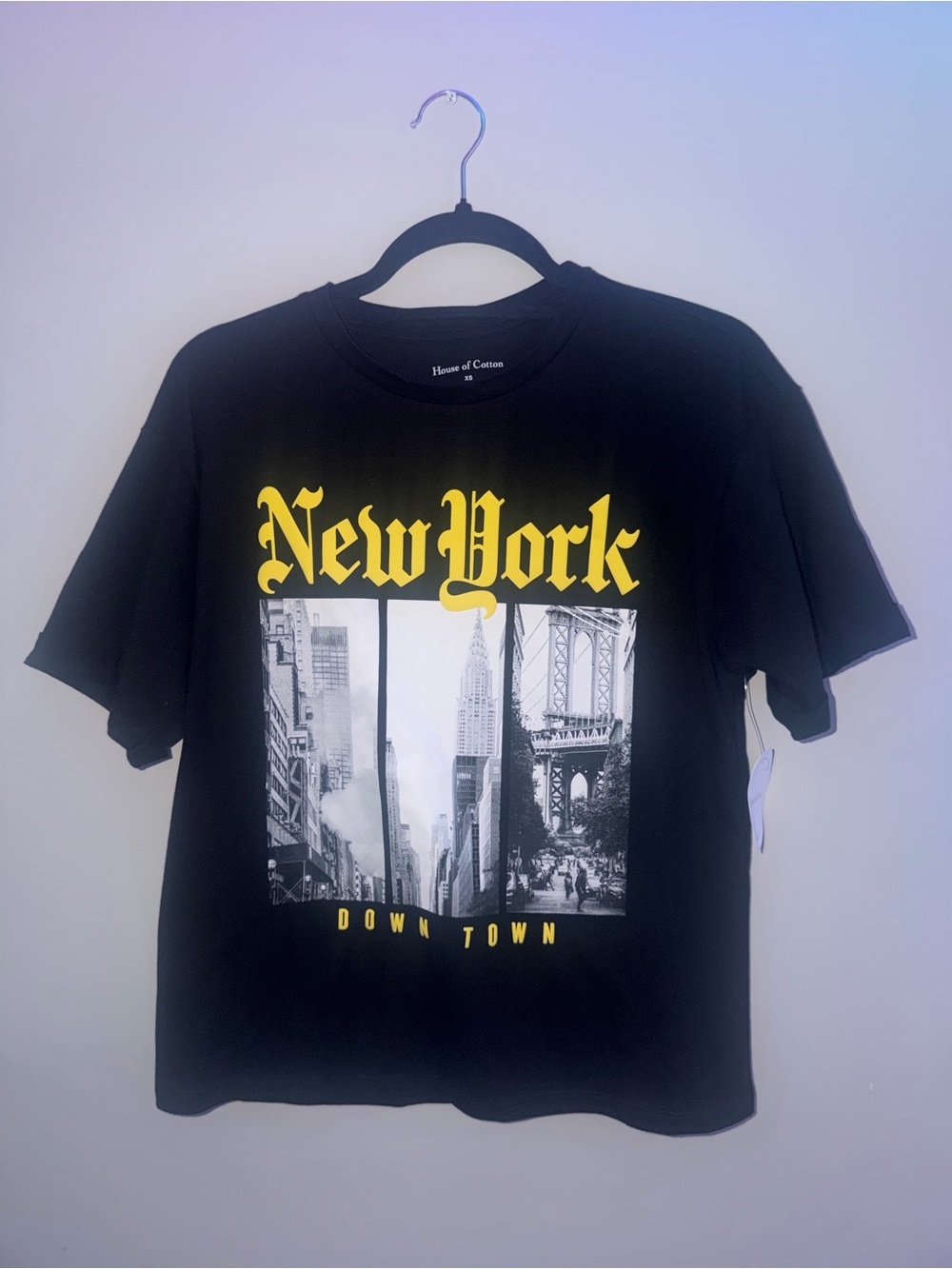 Black 'New York' Short Sleeve Graphic Tee with Yellow Print Cotton